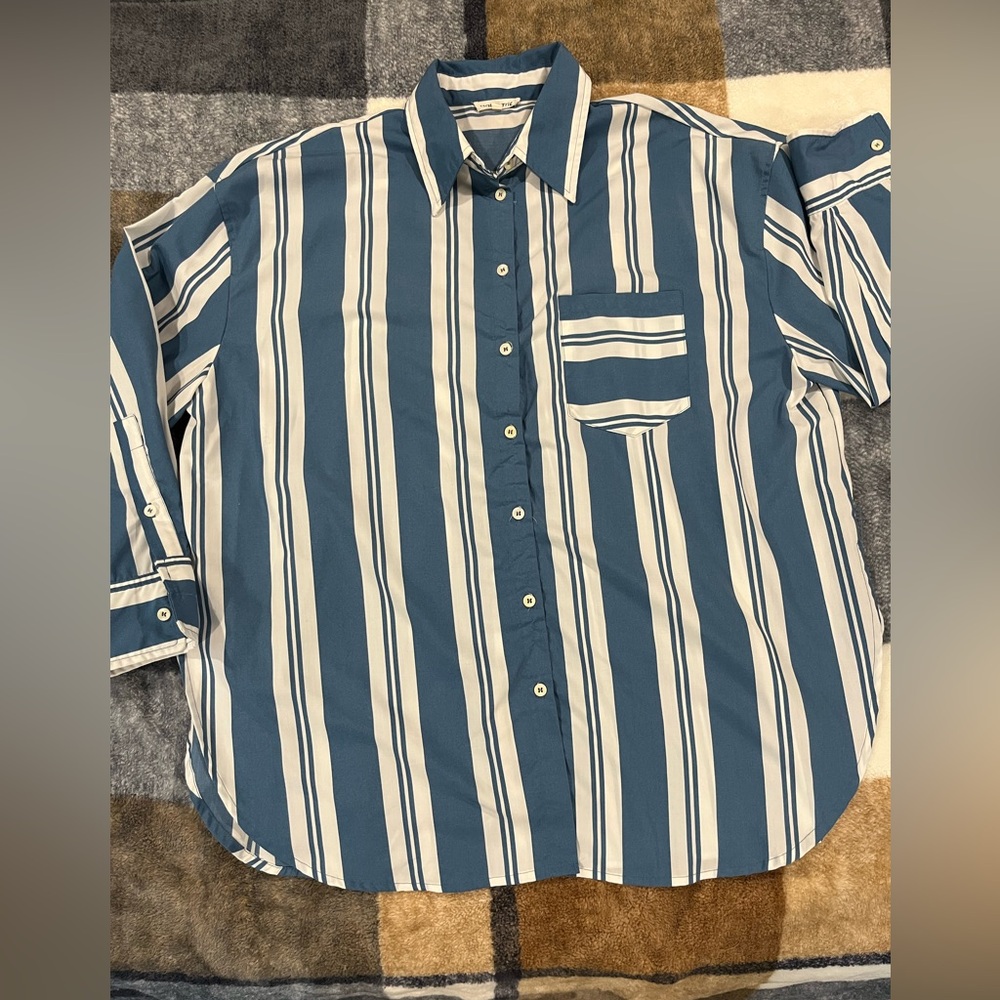 Oversized Blue and White Striped Button-Up